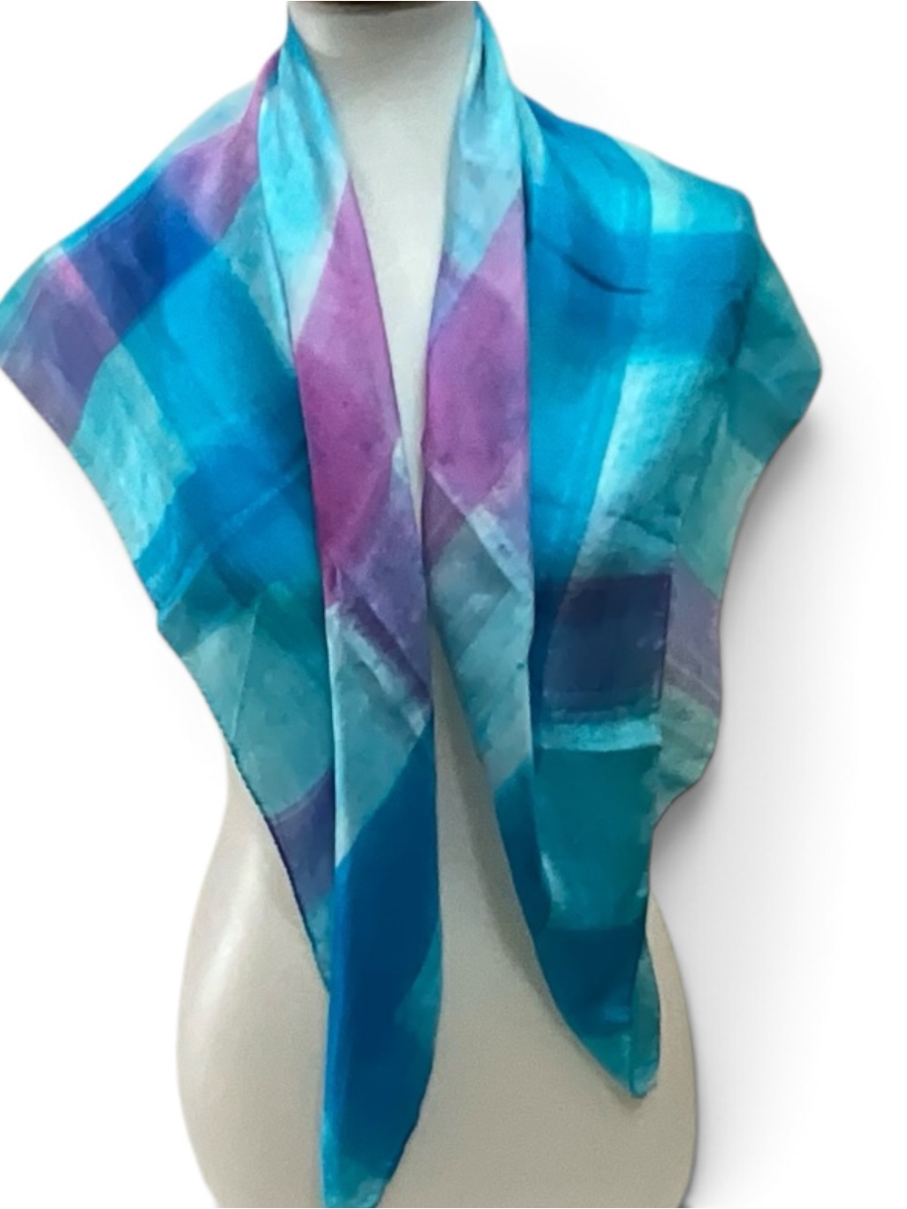 Vintage Glentex 100% Silk Scarf Teal Purple Plaid Semi Sheer Retro